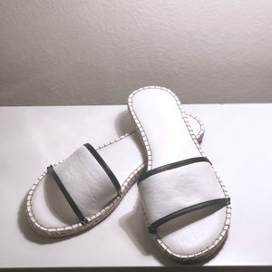 White Leather Flat Espadrille Sandal Black Trim 7